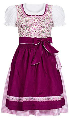 Nübler Dirndl Mädchen Nadja - 3-teiliges Set inkl. Bluse & Schürze - Beere, Original bayerische Tracht - Hochwertige, Pflegeleichte Qualität - Kinderdirndl für Oktoberfest, Größe:110