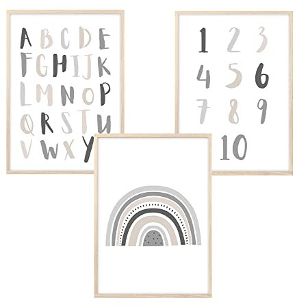 MeinBaby123® Bilder Kinderzimmer | 3er Set A4 Poster | Alphabet ABC Lernposter Zahlen Regenbogen | Deko Kinderzimmer Mädchen Jungen | Babyzimmer (ABC, Regenbogen, Zahlen - grau)