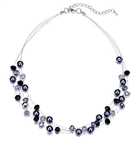 Bulinlin Damen Silber Perlenkette mit Kristall Statement Mehrreihige Boho Choker Halskette Modeschmuck Geburtstagsgeschenke für Frauen(15-Black)