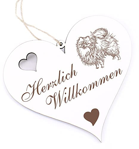 Herzlich Willkommen Schild - Zwergspitz Pomeranian - Deko Herz Holz Willkommensschild Türschild Dekoschild Türdeko