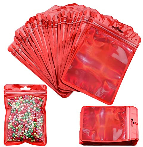 Mylar Foil Pouch, 100Pcs Resealable Smell Proof Food Storage Bags Holographic Packaging Bags - Clear Flat Foil Pouch for Home Coffee Beans, Outdoor Cookies, Jewelry (10 x 15cm, Red)