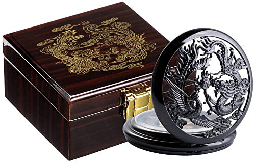 ManChDa Taschenuhr Glücksdrache & Phönix Vintage Mechanische Steampunk Skelett Römische Ziffern Schwarz Fob Uhr mit Kette für Männer Frauen, 2-a schwarze Taschenuhr + schwarzes Holzgehäuse, 1a Schwarz