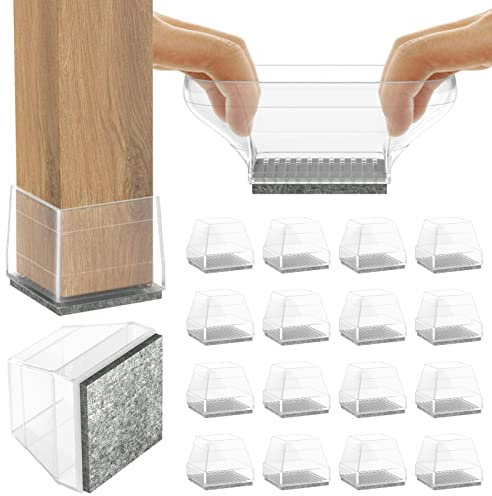 Square Chair Leg Protectors for Hardwood Floors,16 Pcs Silicone Felt Furniture Legs Caps to Prevent Floor from Scratches and Reduce Noise, Easy to Move,1.26-1.57,Clear.