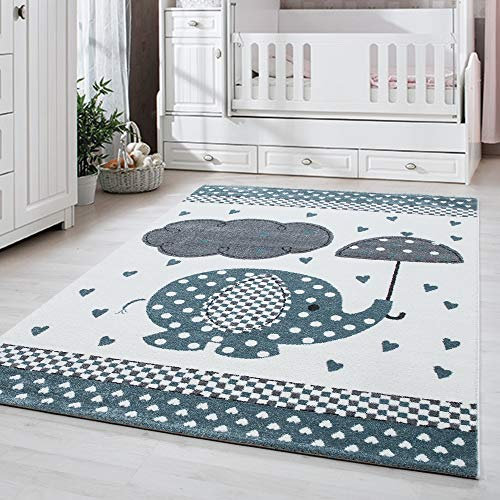 Carpetsale24 Kinderteppich Elefant Blau 120 cm Rund – Spielteppich mit Sternen – Kuschelig, Allergikergeeignet & Hautfreundlich