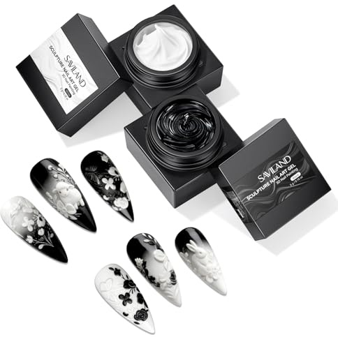 SAVILAND 3D Sculpture Nail Gel Set Black & White No-Wipe Creamy | 3D Sculpting Painting Gel for Micro Embossed 3D Nail Art Molding Florals Lines Patterns & French Tips Design Home DIY