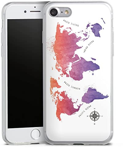 Slim Case extra dünn kompatibel mit Apple iPhone SE (2020) Silikon Handyhülle transparent Hülle Weltkarte Kompass Farbverlauf
