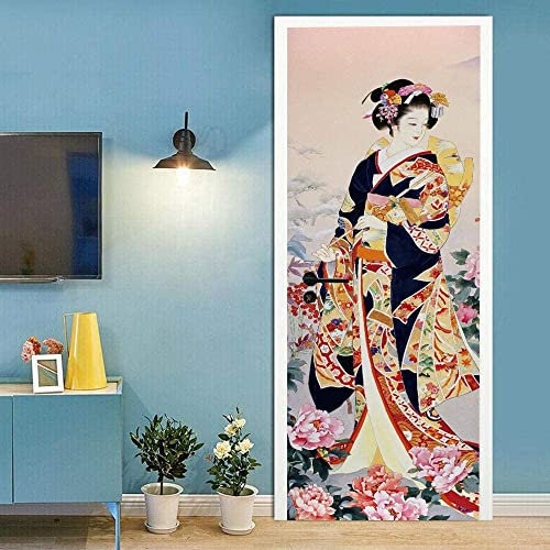 3D Türbild - Japanische Geisha-Frau 95 X 215 Cm Türtapete Selbstklebend Wasserdicht Pvc Türposter Fototapete Holzwand Türaufkleber Wandbild Für Tür Wohnzimmer Schlafzimmer Küche Und Bad - Türfoto