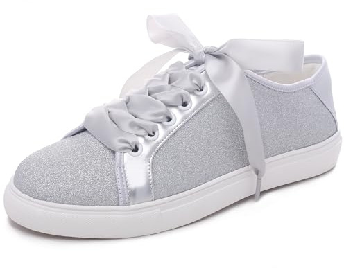 Elivandon 16051 Hochzeit Schuhe Bling Braut Turnschuhe Flats Braut Tennisschuhe Glänzende Pailletten Schuhe Funkelnde Turnschuhe Farbe Silber,Größe 39 EU (5.5 UK)