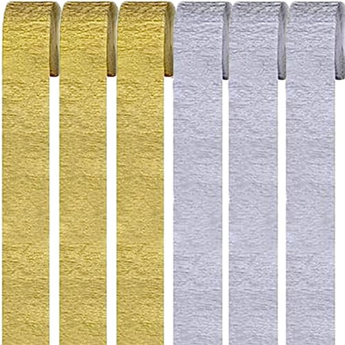 6 Rollen Krepppapier,Regenbogen kreppbänder Hintergrund Luftschlangen Papier Rainbow Crepe Paper Bastelkrepp für Party Dekoration und Handarbeiten Papierkunst 2 Farben (Gold+Silber)