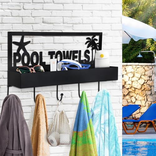 Pool Towel Rack - 2-in-1 Outdoor Poolside Beach Washcloth Drying Rack Holder, Wall Mounted Metal Hooks Decor for Bath Towel Storage, Robe Swimsuit, Coat, Bags, Phone, Keys - Black