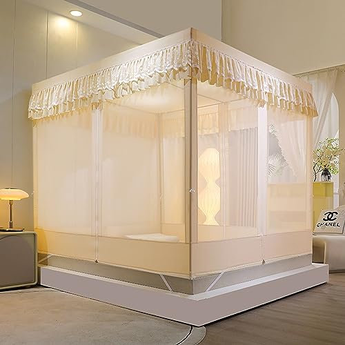 AdeptT Betthimmelrahmen in voller Größe, Himmelbettrahmen, Baldachine, Netzbettvorhänge, 4 Ecken, Pfostenbett, Schlafzimmer-Dekorationszubehör,Camel,Twin