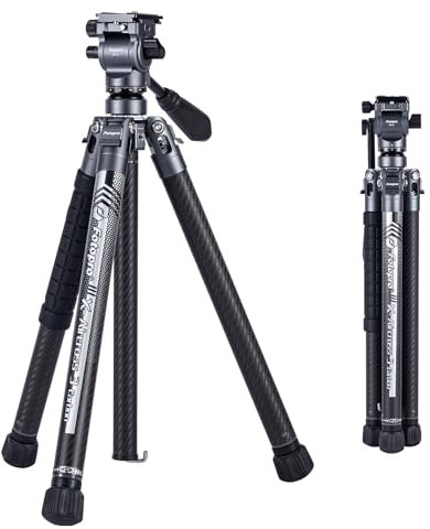 Fotopro 62 Inch Carbon Fibre Video Tripod, 2.27lbs Lightweight Travel Tripods with Fluid Head Phone Clip, Professional Camera Tripod for DSLR Camcorder Load 11lb, X-Aircross 3 Lite Video Grey