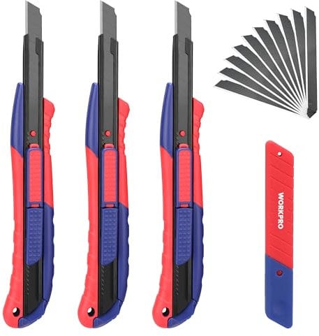 WORKPRO Lot de 3 Cutters Professionnels, Couteaux Utilitaires Rétractables 9mm, Cutters avec 10 Lames Sécables de Rechange en SK5 pour Maison, Bureau, École