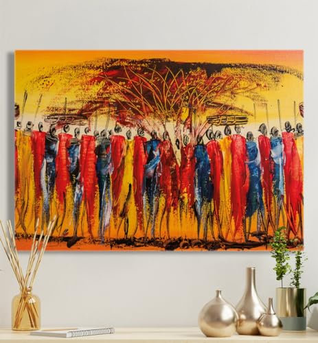 MyMaxxi - Premium Leinwandbild auf Keilrahmen Afrika Stamm Wandbild Design Wand Dekoration, Gemälde Mehrfarbig Leinwand - Dorfbewohner, Groesse_leinwand:40x60 cm