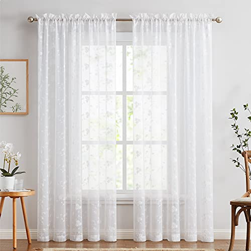 TOPICK Weiß Sheer Vorhänge 2er Set H 210 x B 140 (cm) für Wohnzimmer Bestickte Voile Fenster Vorhänge mit Floral Design Halbtransparente Gardinen für Schlafzimmer Fenster
