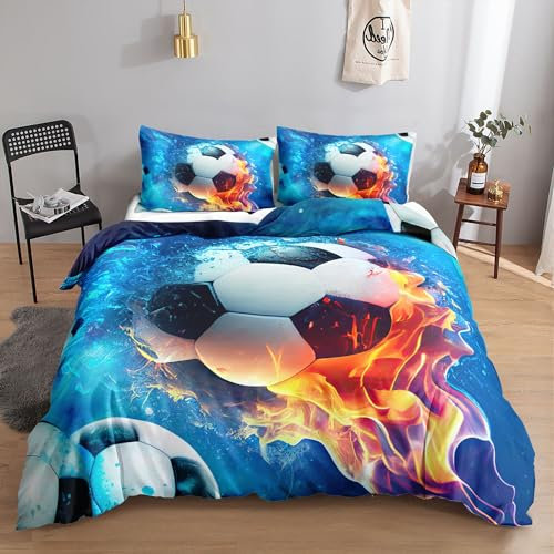 HOSIMA Fußball-Bettwäsche-Set für Jungen und Mädchen, Cooler Flammen-Fußball-Druck, Bettbezug mit 2 Kissenbezügen (Fußball10 L)