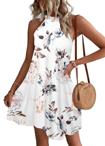 WNEEDU Sommerkleider Damen Kurze Strandkleider Neckholder Ärmelloses A-Linie Freizeitkleid mit Taschen,Blumenweiß S