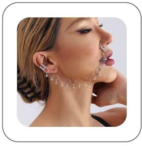 Inateannal Kristall Quaste Kette Nasenring Silber Quaste Baumeln Nasenring Reifen Gefälschte Nase Zu Ohr Kette Mit Ohrringen Indischen Schmuck Für Frauen Mädchen