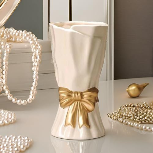 WLGRANJIA Bow Vase, White Flower Vase for Home Decor, White Ceramic Vases for Boho Style, 9.3 Inch Large Vases for Ideal Shelf Decor/Table/Living Room. (Glazed Exterior and Interior)
