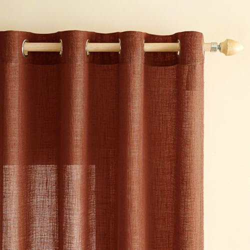 EMEMA Gardinen Vorhänge Leinenvorhang mit Ösen Voile Vorhang Leinenoptik Modern Halbtransparent für Wohnzimmer Dekoschal Kinderzimmer Schlaufenschal Küchengardinen 2er Set 140x245cm (BxH) Ziegelrot