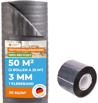 Trittschalldämmung 3mm Profi Basic 50m² | recycelte PE-Schaumfolie 2 Rollen & Alu- PP Klebeband 1 Rolle | Laminat- und Parkettunterlage zur Wärmedämmung | Fußbodenheizung geeignet