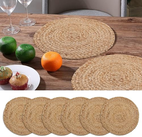 Craft Trade Juego de 6 manteles individuales redondos de mimbre de jacinto bohemio para mesa de comedor, interiores y exteriores (33 cm de diámetro)