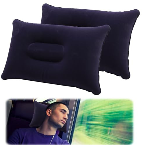 Cuscini gonfiabili per campeggio e viaggi, 2 pezzi, piccolo cuscino ad aria, superficie morbida floccata, portatile, resistente all'acqua, ultra leggero, per spiaggia, prendere il sole, pesca, auto,