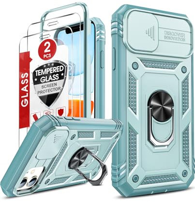 LeYi for iPhone 11 Case and 2 Tempered Glass Screen Protector with Slide Camera Cover,Ring Holder Stand Full Body Protective Heavy Duty Shockproof Armour Phone Cover, G-Green