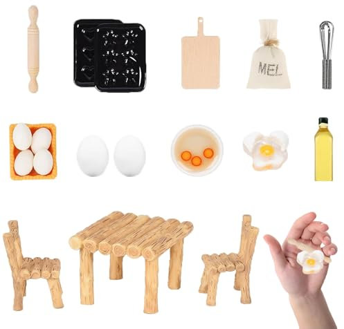19 Stück Miniatur Wichtel Zubehör, Wichtelhaus Weihnachten, Mini Wichtelhaus Tisch und Stühle, Mini Puppenhaus Zubehör Miniatur Wichtel Zubehör Backen Eier, Nudelholz, Tisch, Ornament Puppenhaus Dekor
