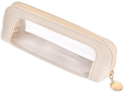 Mini Kosmetiktasche Transparent Beige Makeup Bag Aufbewahrungstasche Klein PU Mini Make up Bag Tragbar Cosmetic Bag wasserdichte Kosmetik Tasche Travel Organizer Damen Make up Tasche Klein Beauty Bag