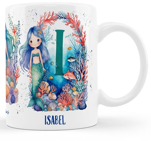 Taza de Sirenas Personalizada para Niñas Con Inicial y Nombre (A-Z) - Cerámica, Desayuno, Café - Regalo Con Letra y Nombre (Letra-I)