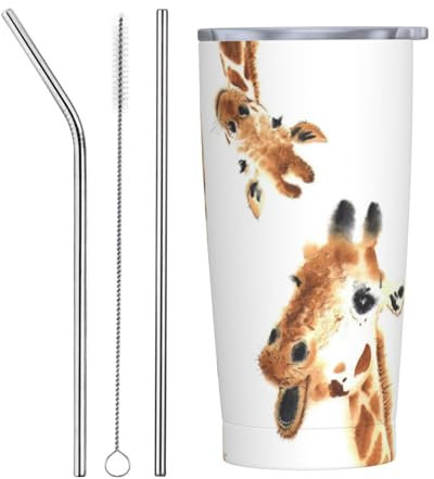 ZORIN Wasserfarben-Giraffen-Becher, 590 ml, Edelstahlbecher, vakuumisoliert, mit Deckel und Strohhalm, doppelwandig, bruchsicher, Kaffee-Reisebecher, Geburtstagsgeschenk für Damen und Herren