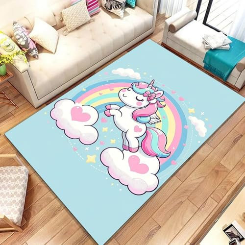 Fadaing Kinder Teppich Wohnzimmer 160x230cm Schlafzimmer Regenbogen-Einhorn Kinderteppich Kinderzimmer, Cartoon Einhorn Teppich Kinder Spielteppich Wohnzimmerteppich (6,50x80cm)