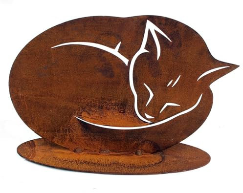 Der-Porzellan-Laden Edelrost-Katze für Rostdeko und Gartendeko, eingerollt und schlafend auf Platte, aus robustem Metall, rustikales Dekoelement, 25 x 17 cm, perfekt für Garten und Terrasse