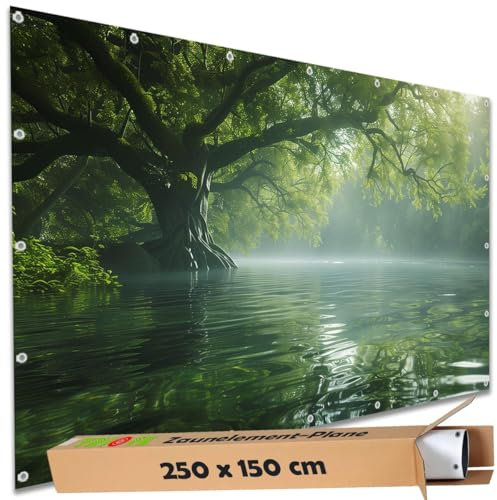 TRIOSK Sichtschutz Garten Deko Zaun Plane Blickdicht groß mit Zaunblende Motiv Zauber Baum Wasser Nebel Fluss für Balkon Terrasse Zaunelement Doppelstabmatten Gartenzaun PVC 250x150 cm