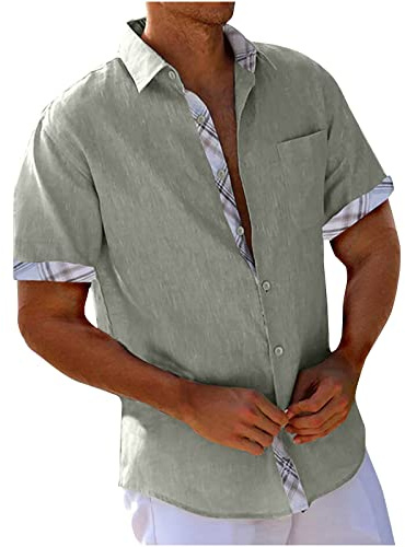 UHouse Chemise Homme en Cotton Lin Vetement Manches Courtes D'Été Chemises Leger Décontracté Chemisette Respirant Habit Col Mao Court Fin Cut Button Down Gris XXL