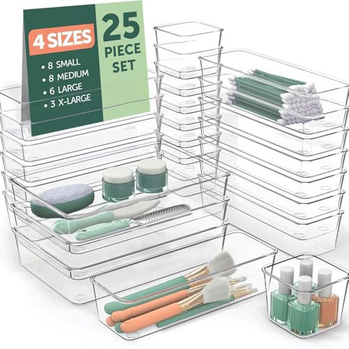 Himilucky 25 Pack Fridge Storage Containers, Plastic Office Organization Clear Food Storage Boxes Snack Organiser Refrigerator Storage Bins Set for Kitchen Bathroom Pantry Cabinet