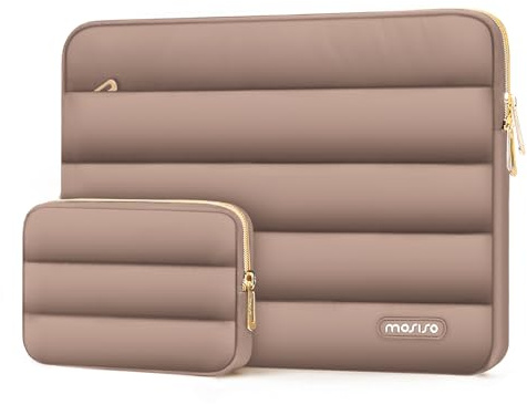 MOSISO 14 inch Laptop Case Puffy Sleeve with Small Bag, Brown | Horizontal Puffer Computer Bag Protective Laptop Case 14 inch Compatible with HP Lenovo Dell ASUS Acer,HP Stream