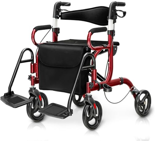 COSTWAY Deambulatore 2 in 1 per Anziani in Alluminio, Rollator Pieghevole e Regolabile in Altezza con Sedia, Schienale Reversibile, Manici Regolabili, Ruote, Poggiapiedi e Borsa Rimovibile (Rosso)