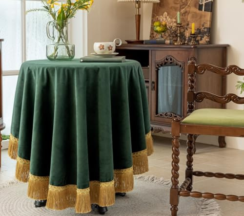 F-CHU Grüne Tischdecke, dick, Samt-Tischdecke mit schönen goldfarbenen Quasten, Vintage-Tischdecke für Heimdekoration, Hochzeit, Party, Bankett und Veranstaltungen, 178 cm, rund