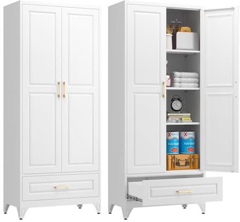 TIMELESS PIECES Metallschrank Schubladen Aktenschrank Weiß 190x80x40cm | Stahlschrank mit 3 verstellbaren Einlegeböden,Aufbewahrungsschrank mit 2 Türen Mehrzweckschrank für Schule Haus Büro