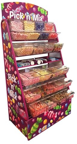 EML Metal Pick & Mix Stand Retail Display Unit | Commercial Sweet Confectionery Dispenser | 16 Trough Bins 4 Boot Bins | Acrylic Construction | 845mm W x 630mm D x 1900mm H | 80kg