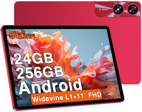 Tablette Android 11 pouces avec 24 Go RAM+256 Go ROM(TF/2 To), Octa-Core 2,0 GHz, WiFi 5G, Bluetooth 5.0, Widevine L1, 1280 * 800 FHD IPS, 8000 mAh, 5 MP+13MP, GMS, nouvelle tablette avec étui, rouge