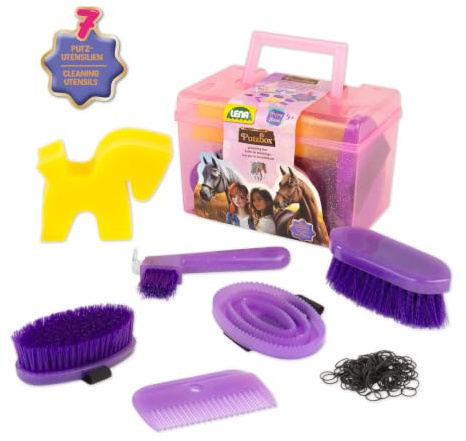 LENA - Putzbox mit Zubehör Hobby Horsing, Pferdepflege-Set für Kinder, Indoor & Outdoor geeignet, mit Hufauskratzer, Schwamm, Mähnenkamm, Striegel und Bürsten, ab 3 Jahren