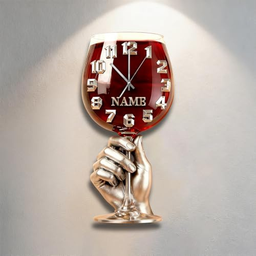 Orologio da parete personalizzato con tazza da vino, nome personalizzato, tema vino, 2D, arte murale con tazza da vino, decorazione per bar, caverna dell'uomo, camera da letto, soggiorno, regali di