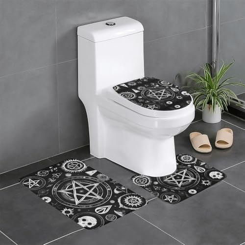 Badezimmerteppich-Set, 61 x 40,6 cm, WHJSHOP Supernatural-Symbole, schwarze Drucke, rutschfeste Fußmatten für WC, Waschtisch und Deckelbezug, leicht zu reinigen, 3 Stück