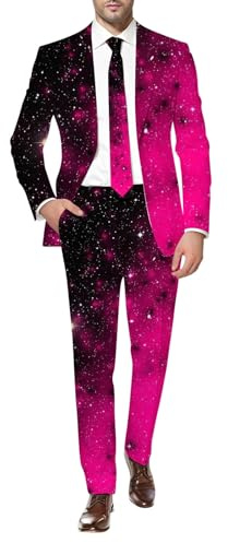 Glitzer Anzug Set Herren Karneval Kostüm Pailletten Blazer und Hose Zweiteiliges Party Anzugjacke und Anzughose 3D Digital Druck Slim fit Outfit Glänzende Sakko Herrenanzug Faschingkostüm Pink
