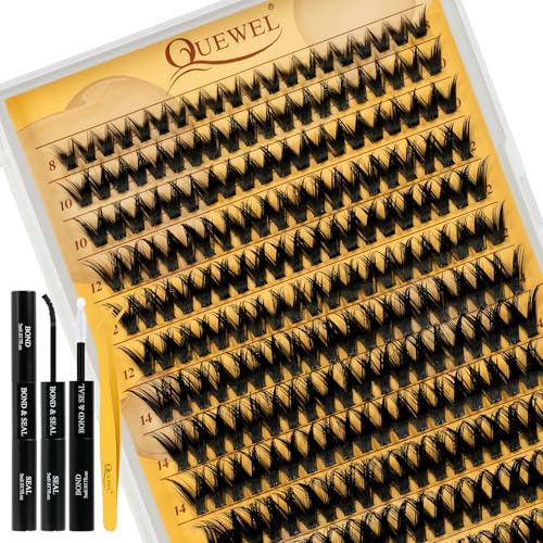 QUEWEL Cluster-Lashes-Kit, Natural Lash Clusters with Lash Bond and Seal and Lash Tweezer, Wispy Individual Eyelashes Easy to use DIY at Home (FD-YX-C-3）