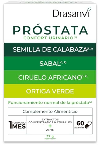 Prostata Confort Drasanvi con Zinc y Serenoa Repens en 60 Capsulas Natural | Con Semilla de Calabaza, Ciruelo Africano y Ortiga Verde, Ayuda a la Funcion Normal de la Prostata, Sin Gluten Diariamente
