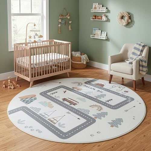Carpetsale24 Kinderteppich Straße Spielteppich rund 160 cm für Kinderzimmer in Creme mit Fahrzeug und Natur Motiv ideal als Spielunterlage